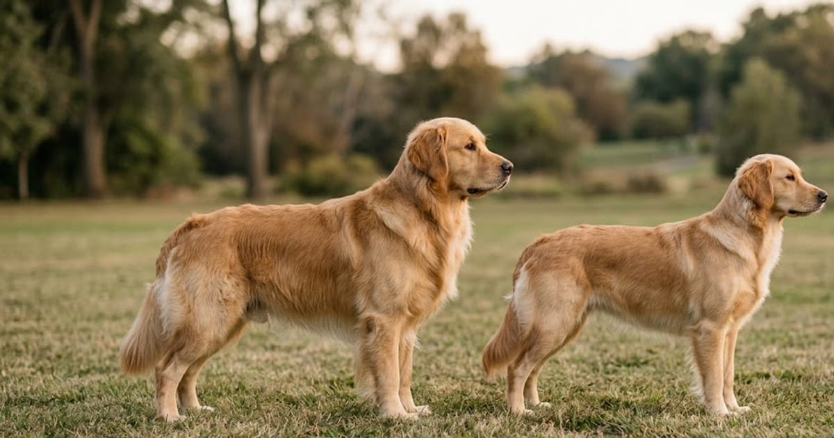 An adult male and an adult female Golden Retriever standing side by side